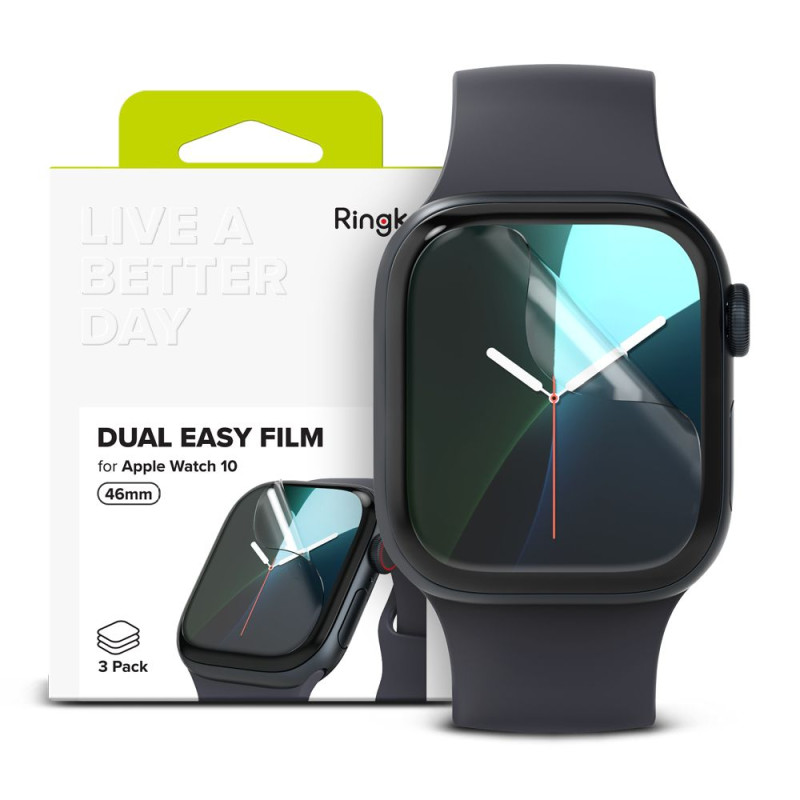 „Ringke Dual Easy“ 3 apsauginių plėvelių pakuotė, skirta „Apple Watch 10“ (46 mm) laikrodžiui