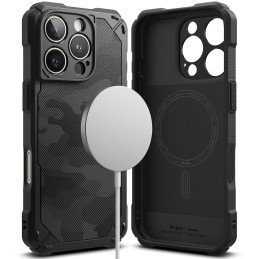 „Ringke Rugged Gear MagSafe iPhone 16 Pro“ dėklas – juodas kamufliažinis