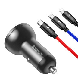Baseus automobilinis įkroviklis 2x USB 4.8A 24W su LCD + 3in1 USB - USB Type C / micro USB / Lightning kabelis 1,2m juod...