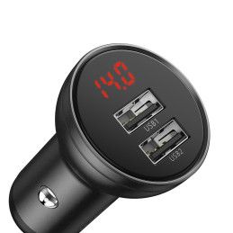 Baseus automobilinis įkroviklis 2x USB 4.8A 24W su LCD + 3in1 USB - USB Type C / micro USB / Lightning kabelis 1,2m juod...