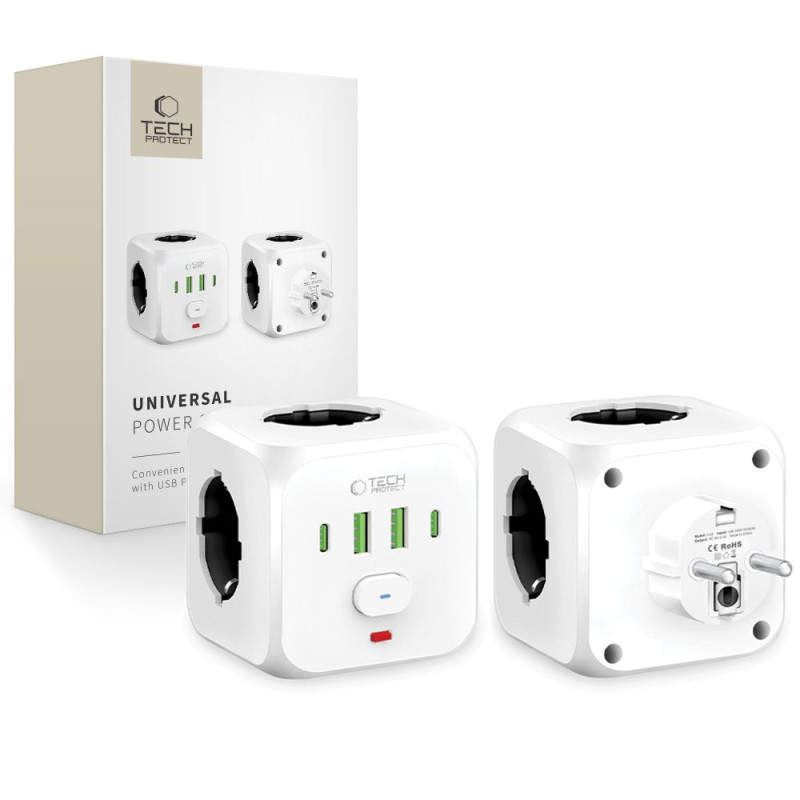 „Tech-Protect PCL3x4“ maitinimo ilgintuvas, 2x USB-A, 2x USB-C, 3x AC tipo „Schuko“ – baltas