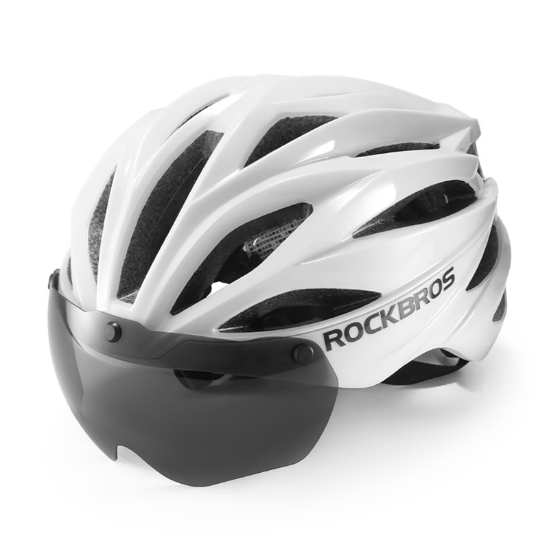 „Rockbros“ dviračio šalmas su skydeliu, nuimami UV akiniai, unisex, blizgūs – balti