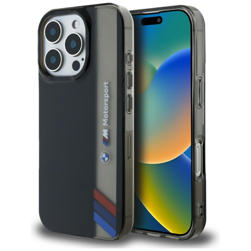 BMW Motorsport IML vertikalių juostelių iPhone 16 Pro Max dėklas – juodas