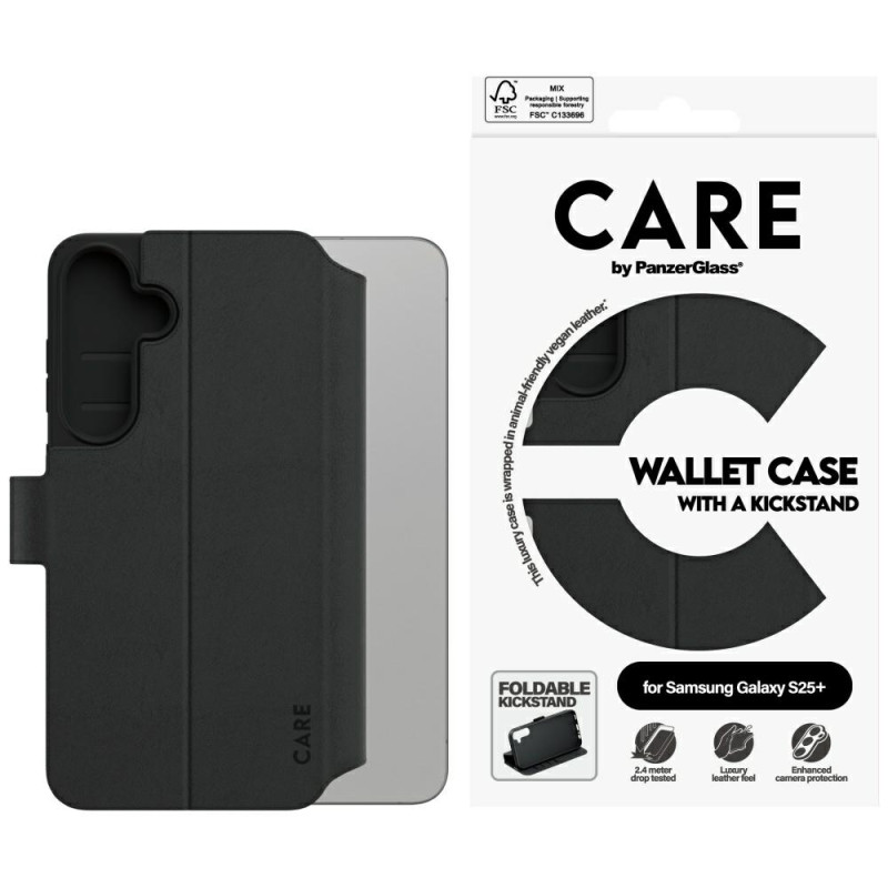 „CARE by PanzerGlass“ piniginės ir laikiklio dėklas, skirtas „Samsung Galaxy S25+“ – juodas