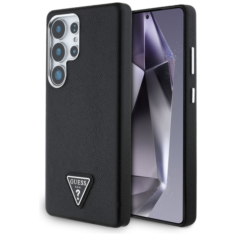 „Guess“ grūdėto trikampio logotipo „MagSafe“ dėklas, skirtas „Samsung Galaxy S25 Ultra“ – juodas