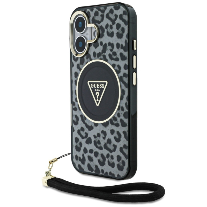 „Guess“ HC IML leopardo formos trikampio formos laidinis dėklas „MagSafe“, skirtas „iPhone 16“ – juodas