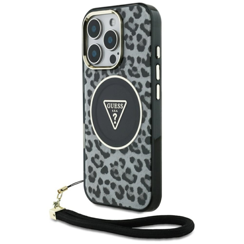 „Guess“ HC IML leopardo trikampio formos laidinis dėklas „MagSafe“ dėklui, skirtas „iPhone 16 Pro“ – juodas
