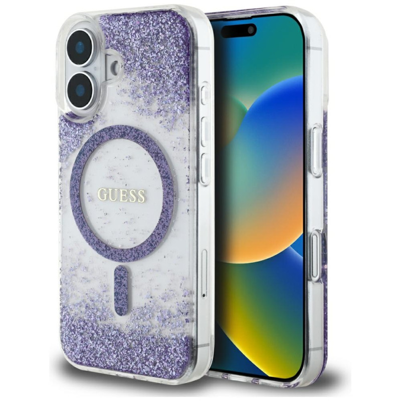 „Guess“ HC dervos dugnu su blizgučiais išskleistas „MagSafe“ dėklas, skirtas „iPhone 16“ – violetinis