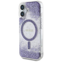 „Guess“ HC dervos dugnu su blizgučiais išskleistas „MagSafe“ dėklas, skirtas „iPhone 16“ – violetinis