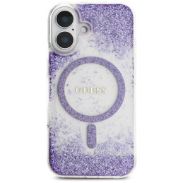 „Guess“ HC dervos dugnu su blizgučiais išskleistas „MagSafe“ dėklas, skirtas „iPhone 16“ – violetinis