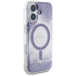 „Guess“ HC dervos dugnu su blizgučiais išskleistas „MagSafe“ dėklas, skirtas „iPhone 16“ – violetinis