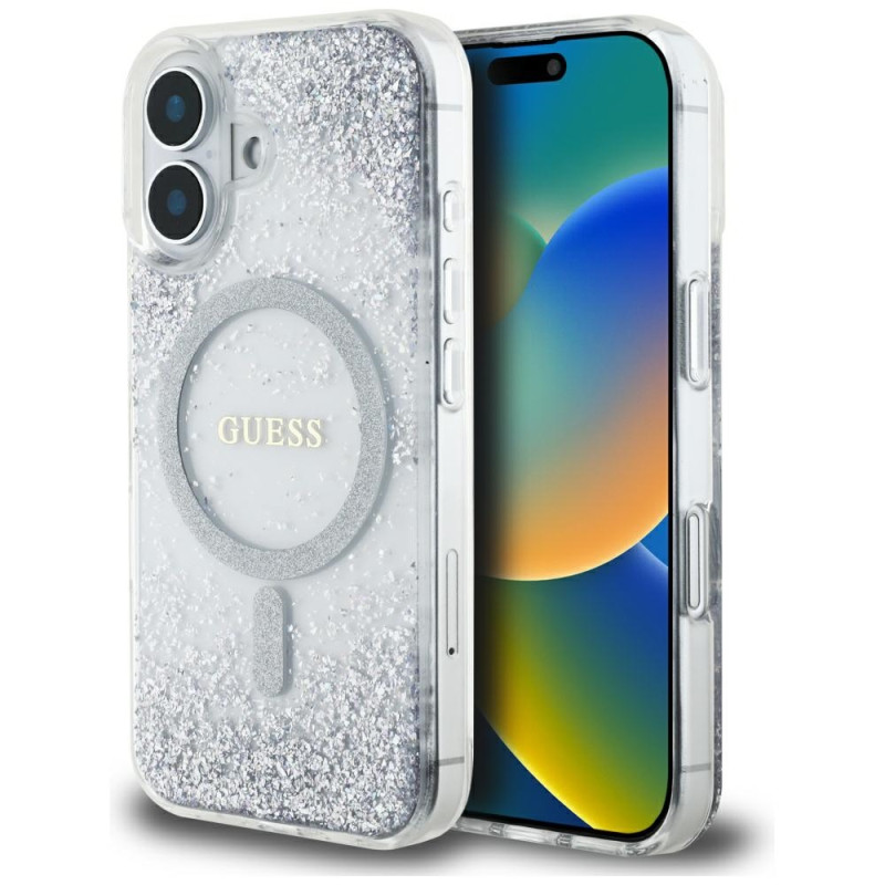 „Guess“ HC dervos dugnu blizgantis „MagSafe“ dėklas, skirtas „iPhone 16“ – sidabrinis