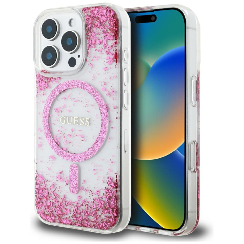 „Guess“ „MagSafe iPhone 16 Pro“ dėklas su blizgučiais ir HC dervos dugnu – rožinis