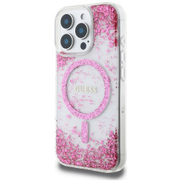 „Guess“ „MagSafe iPhone 16 Pro“ dėklas su blizgučiais ir HC dervos dugnu – rožinis