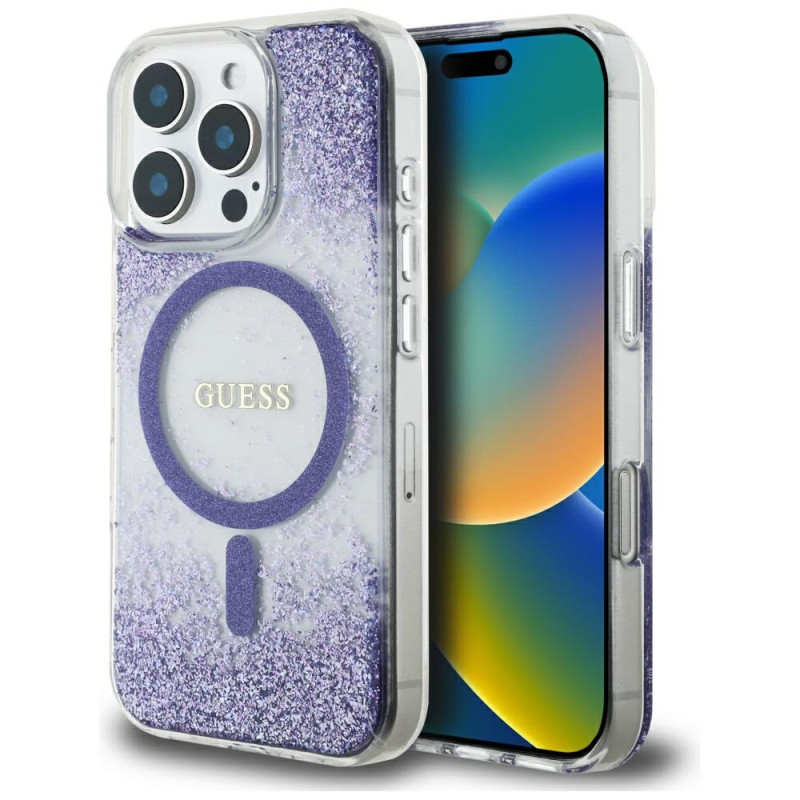 „Guess“ HC dervos dugnu su blizgučiais išskleistas „MagSafe“ dėklas, skirtas „iPhone 16 Pro Max“ – violetinis
