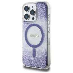 „Guess“ HC dervos dugnu su blizgučiais išskleistas „MagSafe“ dėklas, skirtas „iPhone 16 Pro Max“ – violetinis