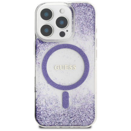„Guess“ HC dervos dugnu su blizgučiais išskleistas „MagSafe“ dėklas, skirtas „iPhone 16 Pro Max“ – violetinis