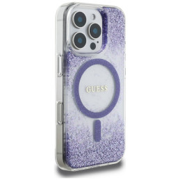 „Guess“ HC dervos dugnu su blizgučiais išskleistas „MagSafe“ dėklas, skirtas „iPhone 16 Pro Max“ – violetinis