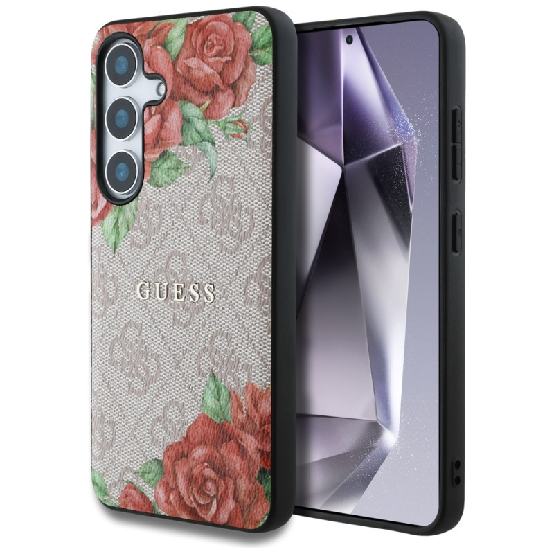 „Guess“ odinis 4G metalinis klasikinis „MagSafe“ dėklas, skirtas „Samsung Galaxy S25“ – rožinis