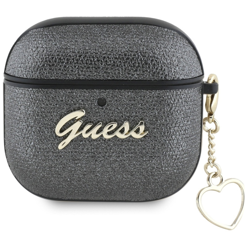 „Guess“ metalinio rašto „Charm“ dėklas, skirtas „AirPods 4“ ausinėms – juodas