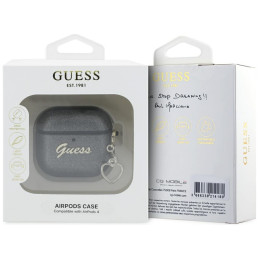 „Guess“ metalinio rašto „Charm“ dėklas, skirtas „AirPods 4“ ausinėms – juodas