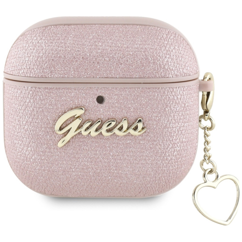 „Guess“ metalinio rašto „Charm“ dėklas, skirtas „AirPods 4“ ausinėms – rožinis