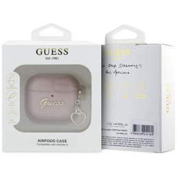 „Guess“ metalinio rašto „Charm“ dėklas, skirtas „AirPods 4“ ausinėms – rožinis