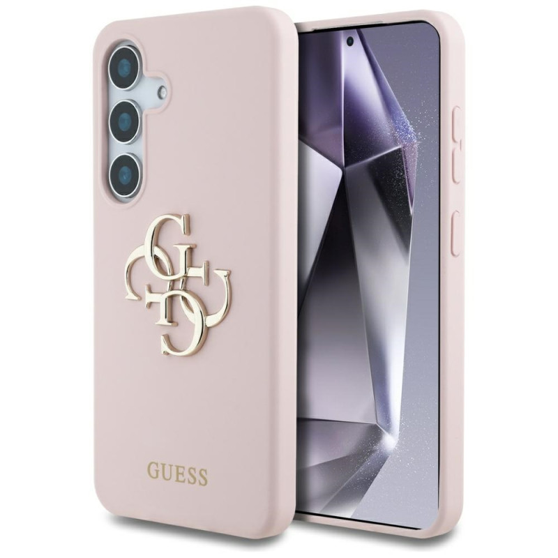 „Guess“ silikoninis dėklas „Samsung Galaxy S25“ su dideliu 4G logotipu apačioje – rožinis