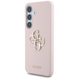 „Guess“ silikoninis dėklas „Samsung Galaxy S25“ su dideliu 4G logotipu apačioje – rožinis