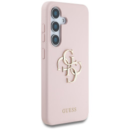 „Guess“ silikoninis dėklas „Samsung Galaxy S25“ su dideliu 4G logotipu apačioje – rožinis