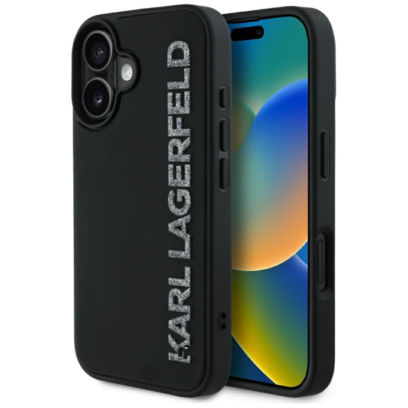 Karl Lagerfeld HC 3D guminis pailgas blizgučių dėklas iPhone 16 telefonui – juodas