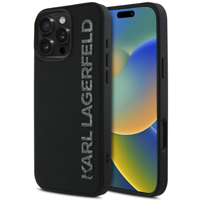 Karl Lagerfeld HC 3D guminis pailgas blizgučių dėklas iPhone 16 Pro Max - juodas