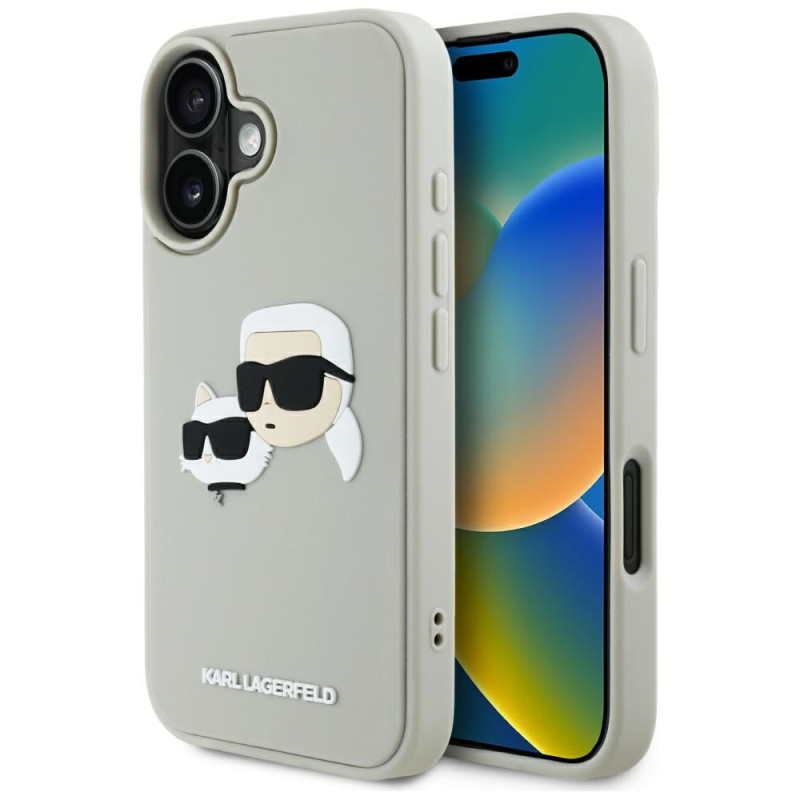 Karl Lagerfeld HC 3D guminis dvigubų galvučių iPhone 16 dėklas – smėlio spalvos
