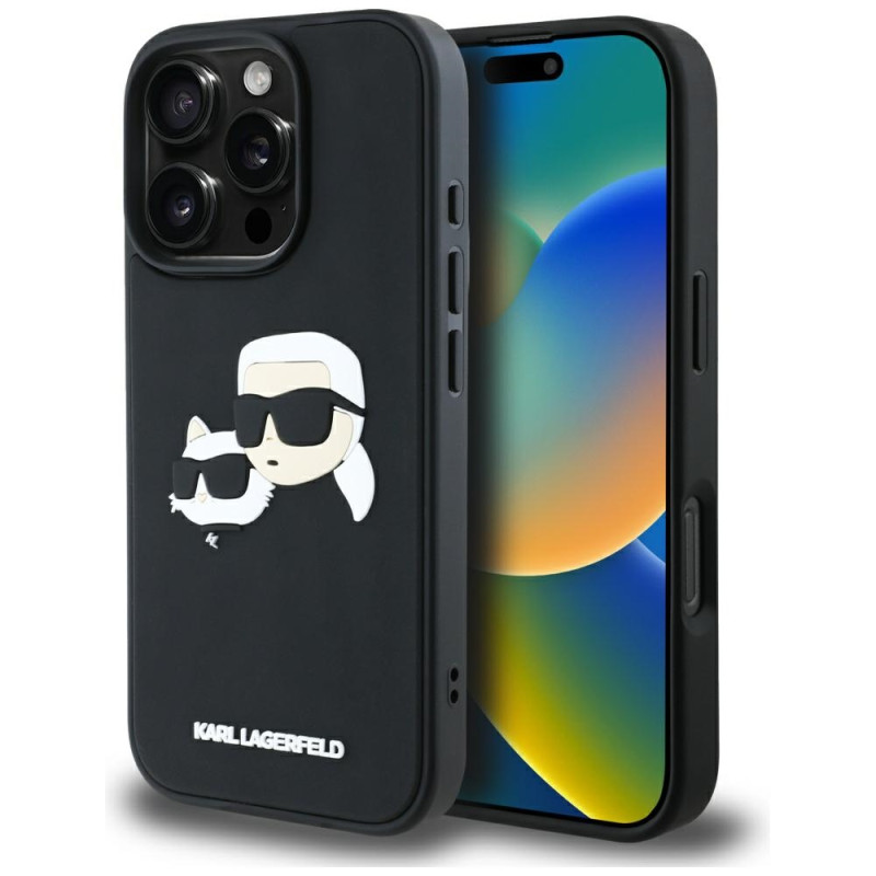 Karl Lagerfeld HC 3D guminis dvigubų galvučių iPhone 16 Pro Max dėklas - juodas