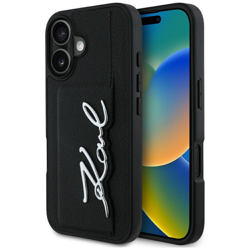 Karl Lagerfeld HC Grained PU Metal iPhone 16 dėklas su kortelių skyreliu, Signature, juodas