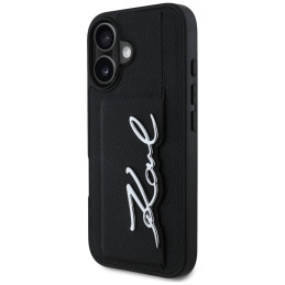 Karl Lagerfeld HC Grained PU Metal iPhone 16 dėklas su kortelių skyreliu, Signature, juodas