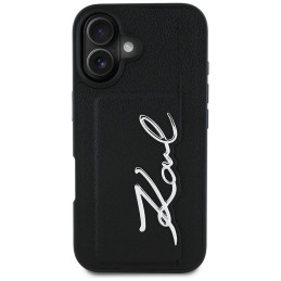 Karl Lagerfeld HC Grained PU Metal iPhone 16 dėklas su kortelių skyreliu, Signature, juodas