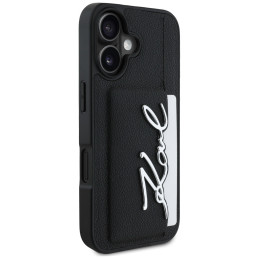 Karl Lagerfeld HC Grained PU Metal iPhone 16 dėklas su kortelių skyreliu, Signature, juodas