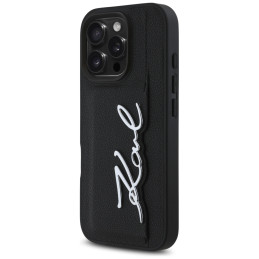 Karl Lagerfeld HC Grained PU Metal iPhone 16 Pro dėklas su kortelių skyreliu, Signature raštu, juodas