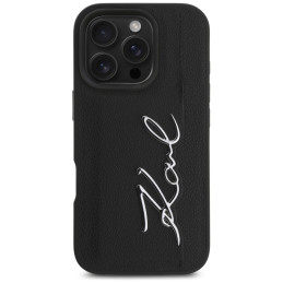 Karl Lagerfeld HC Grained PU Metal iPhone 16 Pro dėklas su kortelių skyreliu, Signature raštu, juodas