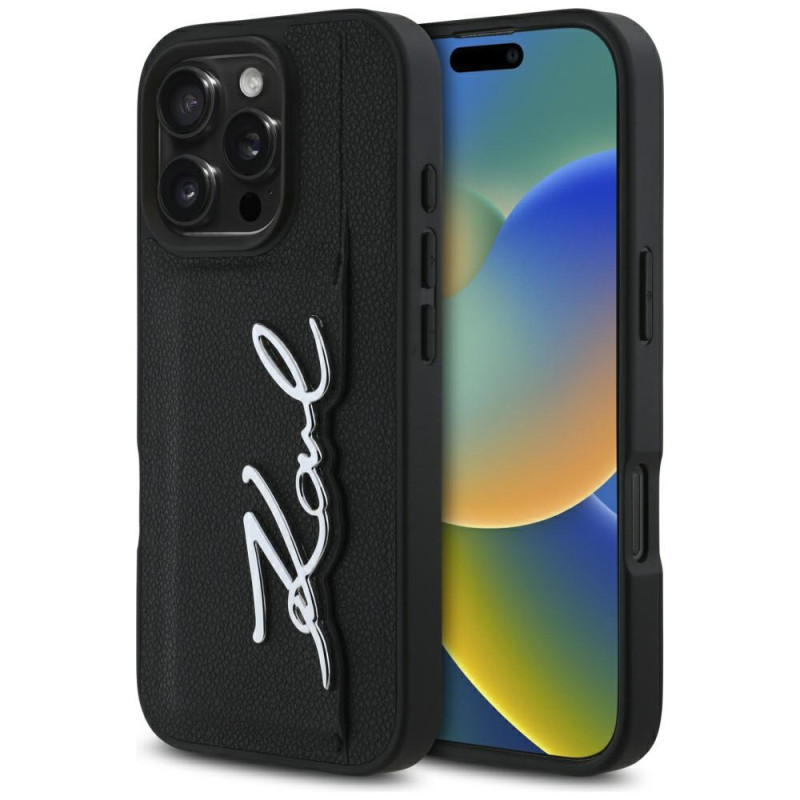 Karl Lagerfeld HC Grained PU dėklas su kortelių skyreliu metaliniame „Signature“ iPhone 16 Pro Max dėkle, juodas