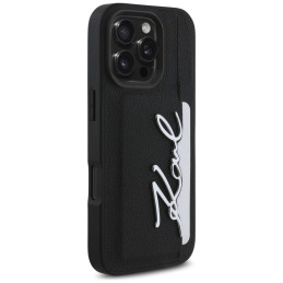 Karl Lagerfeld HC Grained PU dėklas su kortelių skyreliu metaliniame „Signature“ iPhone 16 Pro Max dėkle, juodas