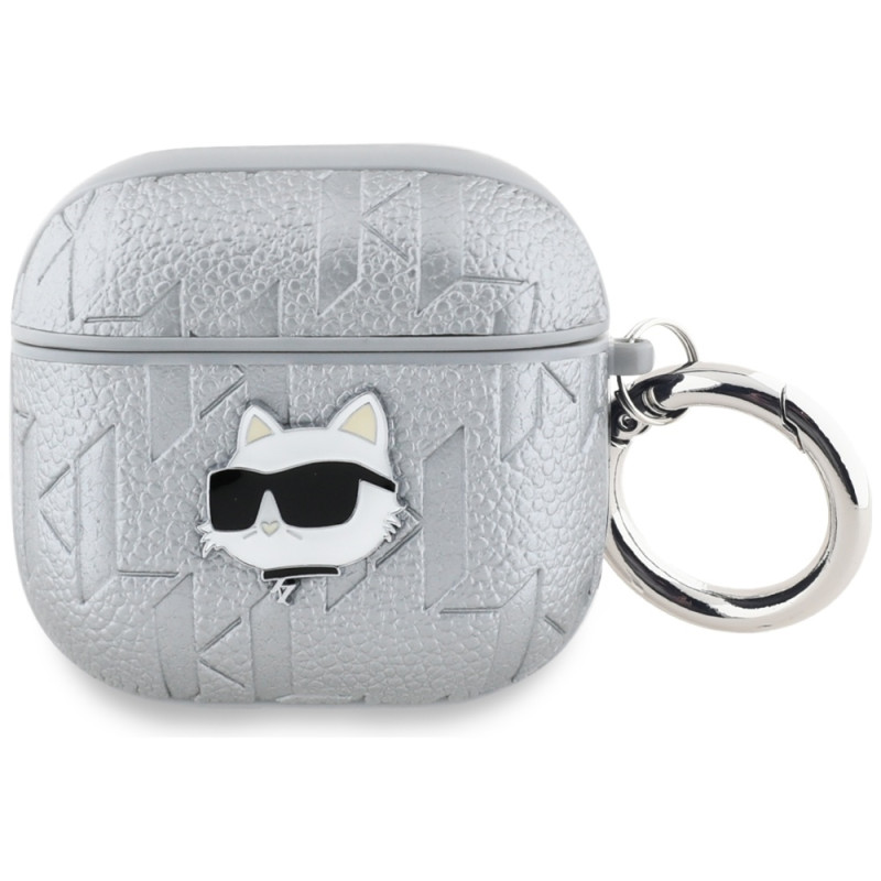 Karl Lagerfeld Monogram Choupette dėklas AirPods 4 ausinėms – sidabrinis