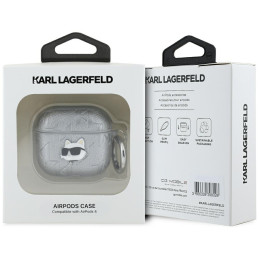 Karl Lagerfeld Monogram Choupette dėklas AirPods 4 ausinėms – sidabrinis