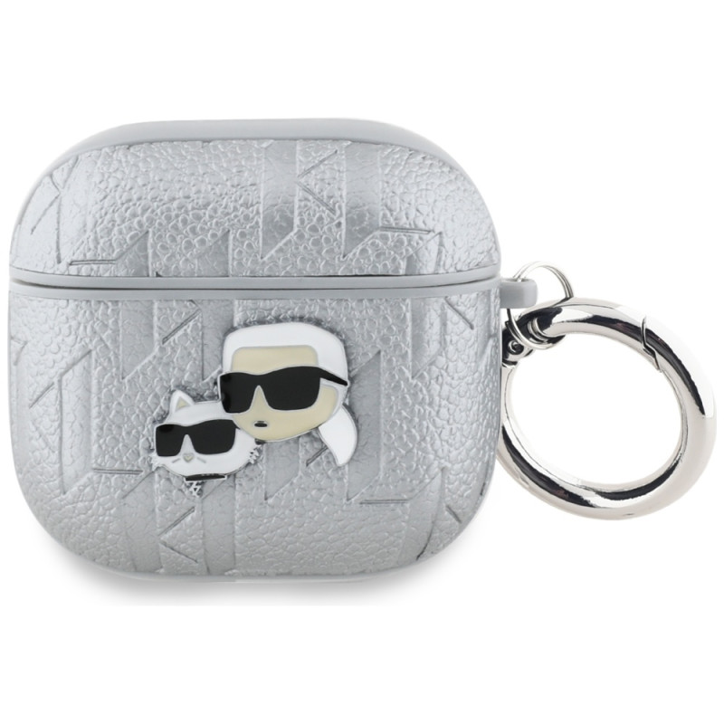 Karl Lagerfeld Monogram Karl & Choupette dėklas AirPods 4 ausinėms – sidabrinis