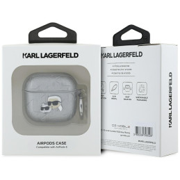 Karl Lagerfeld Monogram Karl & Choupette dėklas AirPods 4 ausinėms – sidabrinis