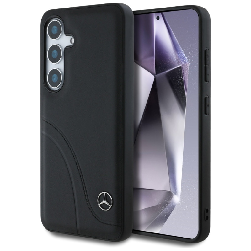 „Mercedes“ odinis lenktų siūlių dėklas, skirtas „Samsung Galaxy S25“ – juodas