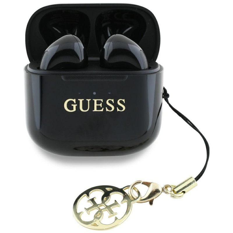 „Guess“ blizgios spalvos spausdintos klasikinės logotipo ir žavesio TWS ausinės – juodos