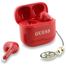 „Guess“ blizgios spalvos spausdintos klasikinės logotipo ir žavesio TWS ausinės – raudonos