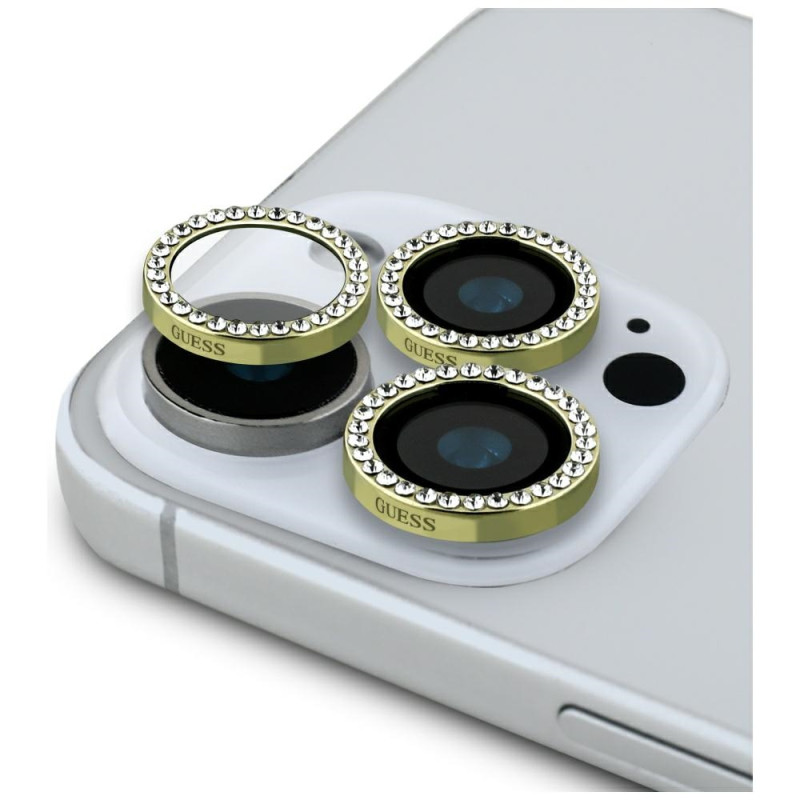 „Guess“ „Rhinestone“ kameros objektyvo stiklas, skirtas „iPhone 16 Pro / 16 Pro Max“ – auksinis